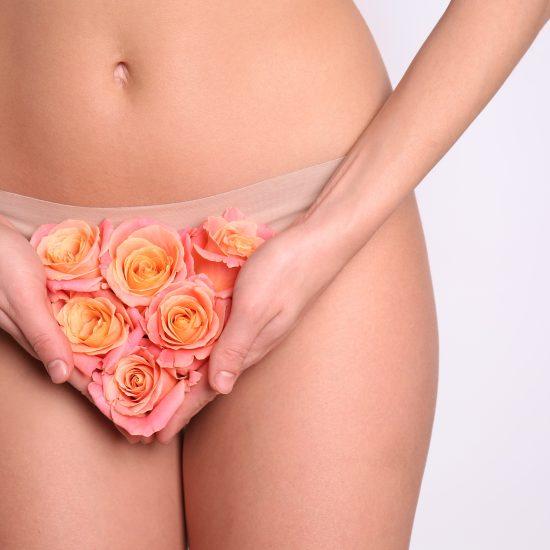 Sexy Young Woman Holding Roses Near Her Panties, Closeup. Erotic Concept