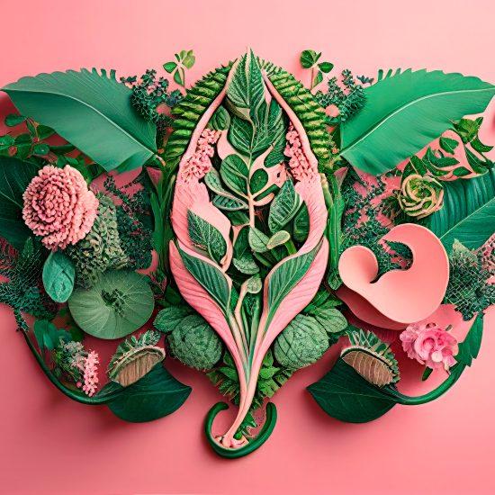 Leaves And Flowers Arranged In Shape Of Female Uterus On Pink Background.
