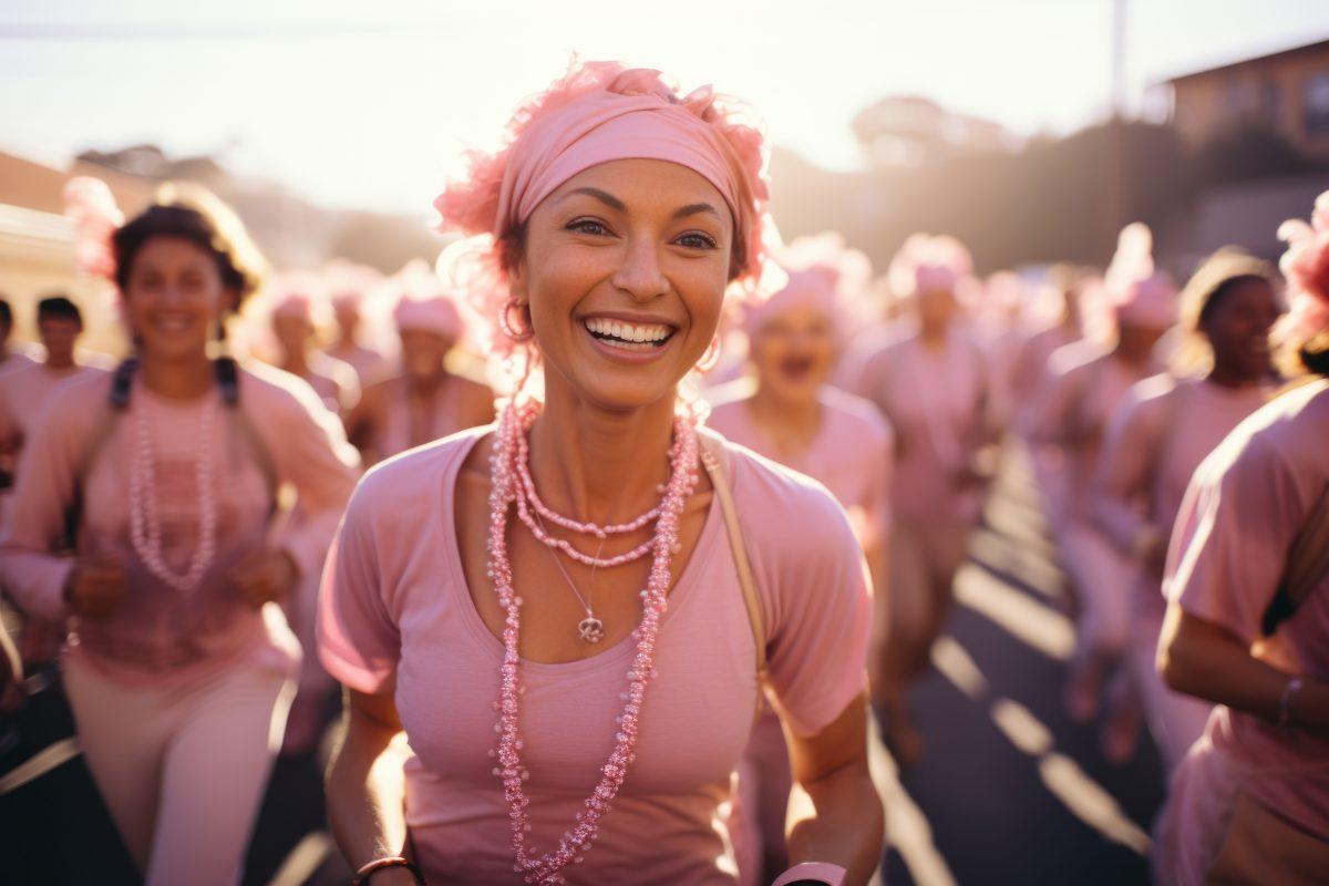 A Group Of People Participating In A Breast Cancer Awareness Charity Walk, Wearing Pink Attire And Walking With Determination. Generative Ai